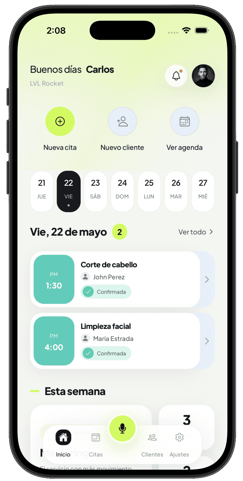 App Bookevo mostrando agenda y citas